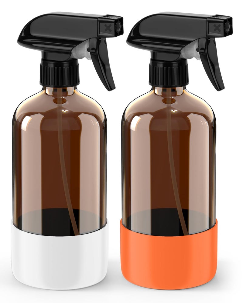 Bontip Glass Spray Bottle with Silicone Sleeve Protection, Amber Glass Spray Bottle Set for Window Cleaner Aromatherapy Facial Hydration Watering Flowers Hair Care 2 Pack/16 oz (White & Orange, 16 oz) - Image 1